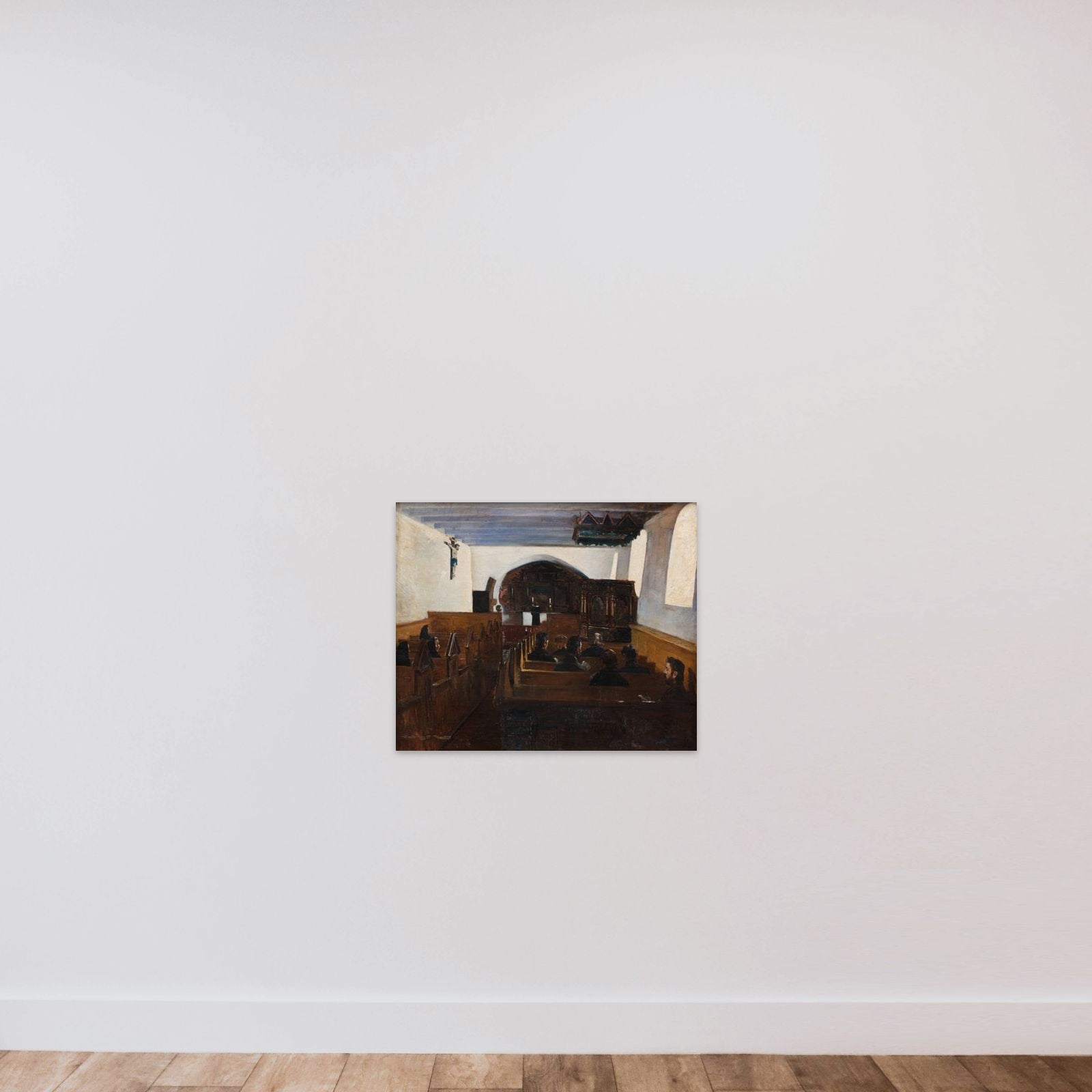 Gudstjeneste i en kirke på Mors unframed — shown to scale