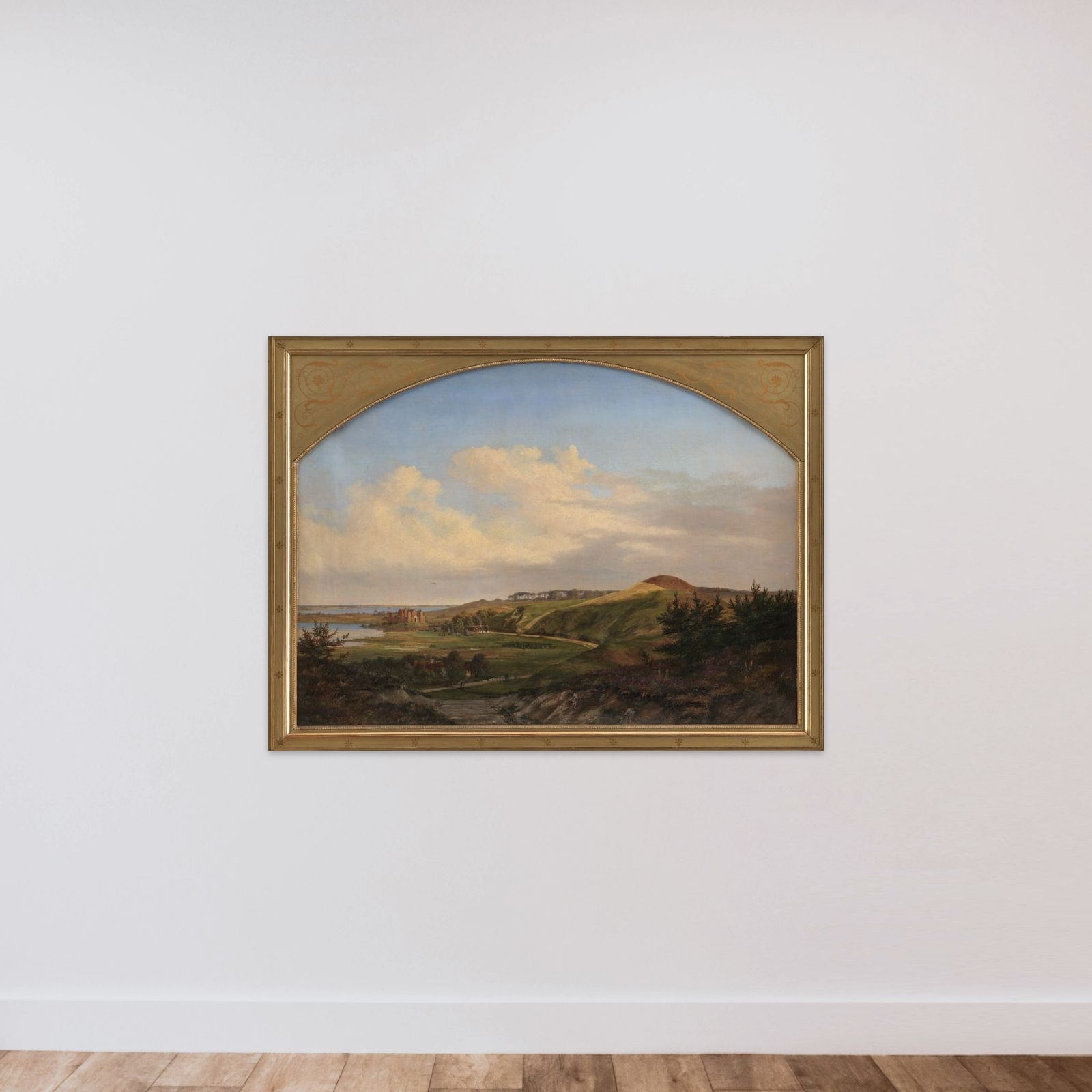 Et nordsjællandsk landskab. Motivet taget fra den egn ved Arresø hvor Valdemar Sejr byggede Dronningholm Slot til minde om dronning Dagmar unframed — shown to scale