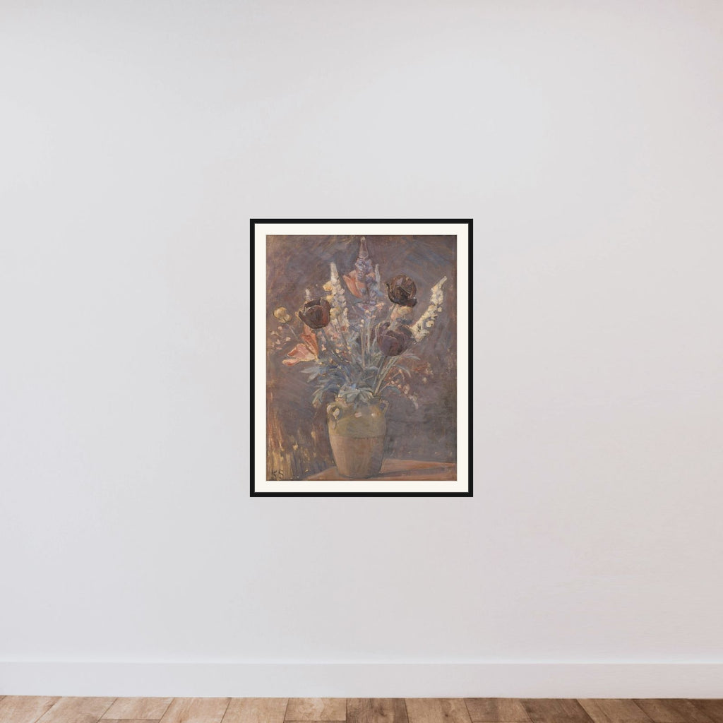 Lervase med tulipaner og andre blomster framed — shown to scale
