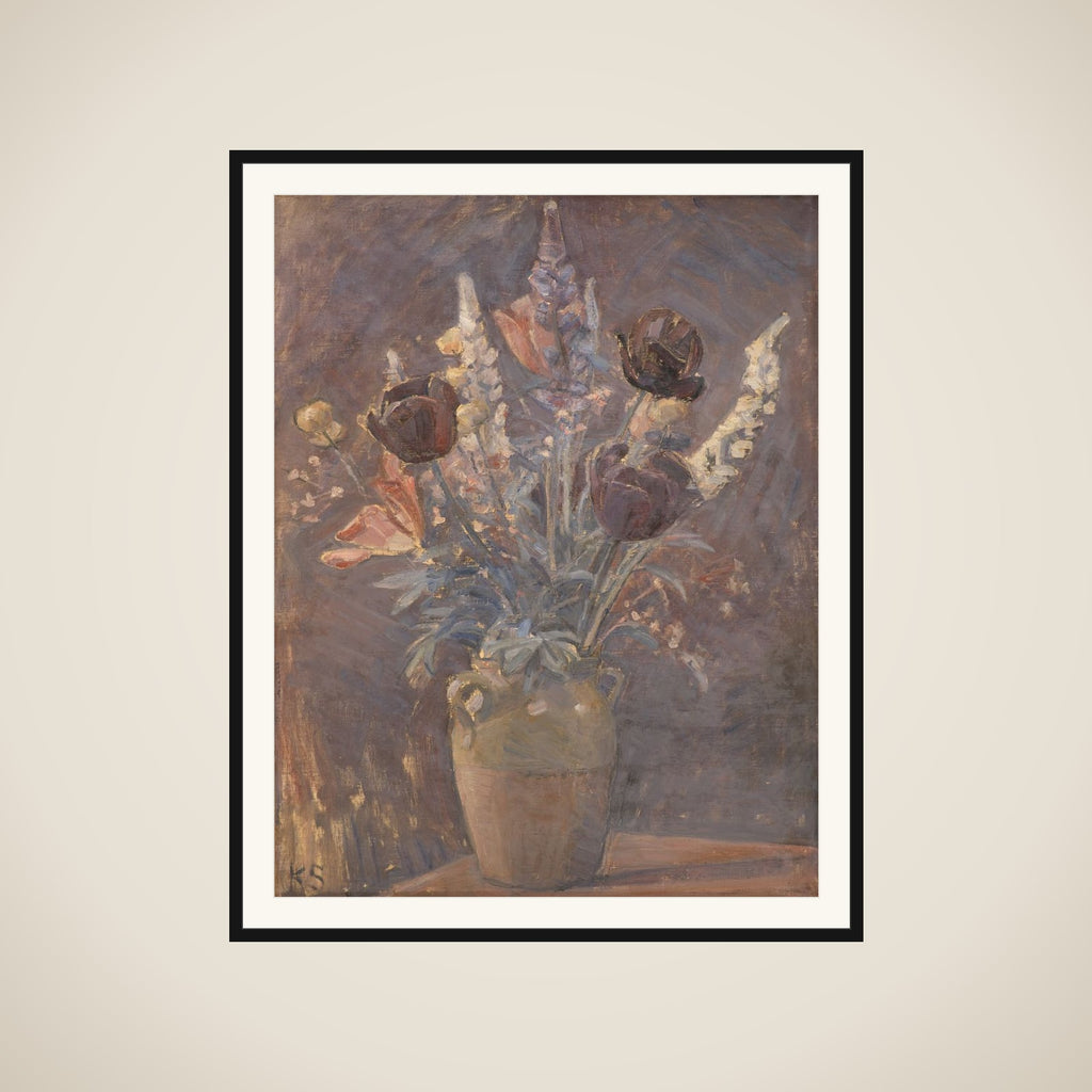 Lervase med tulipaner og andre blomster framed