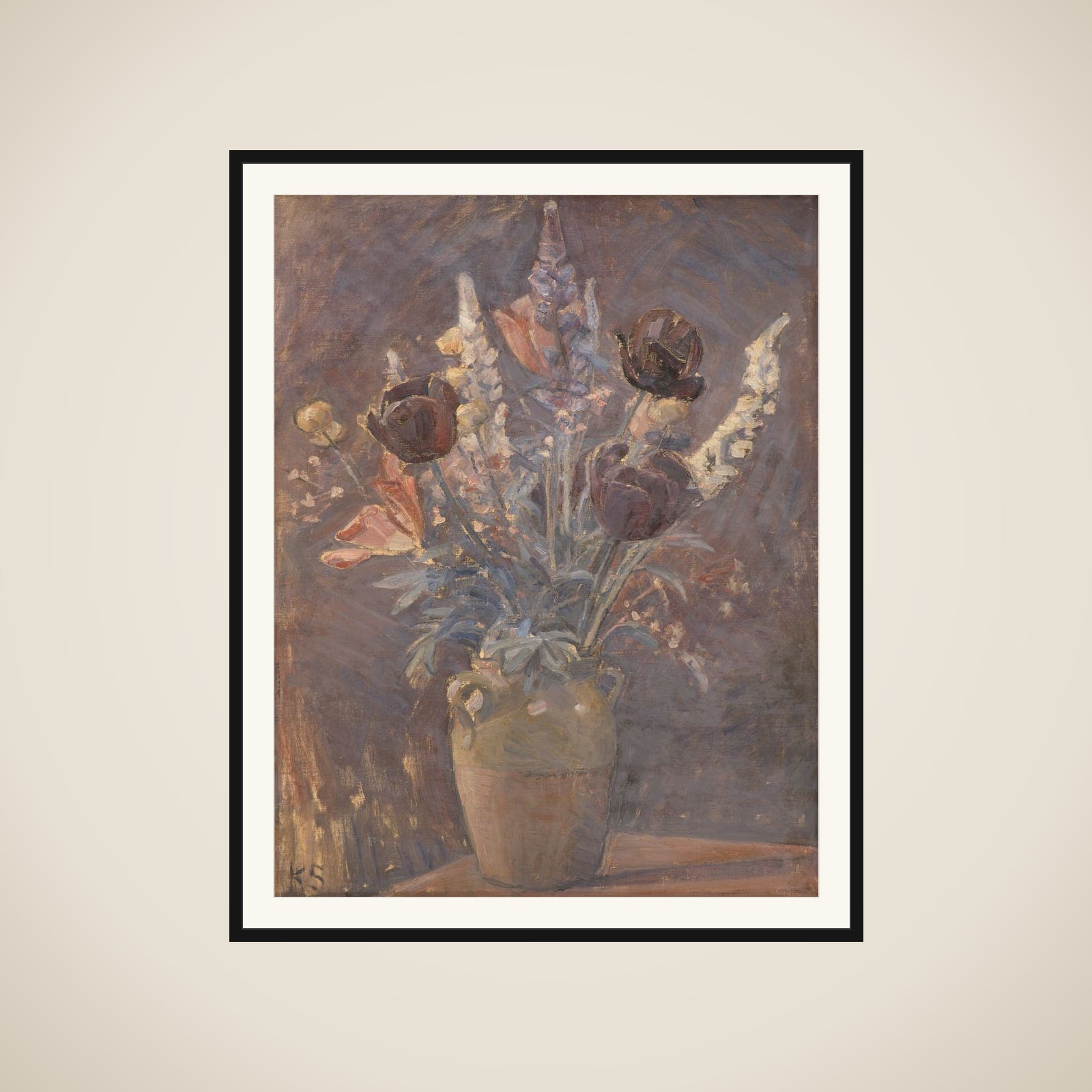Lervase med tulipaner og andre blomster framed