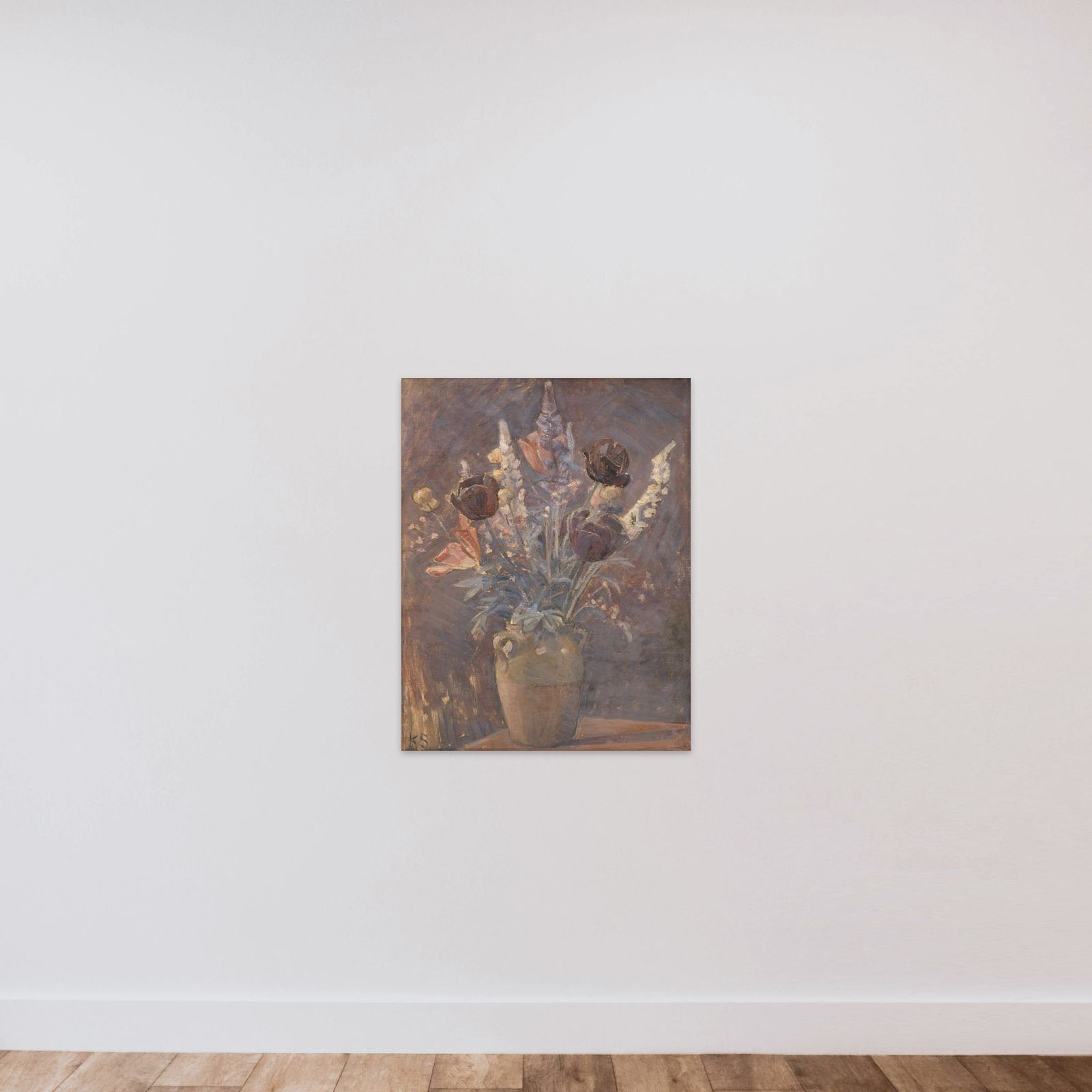 Lervase med tulipaner og andre blomster unframed — shown to scale