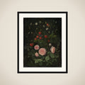 Blomsterstykke med roser og jordbær framed