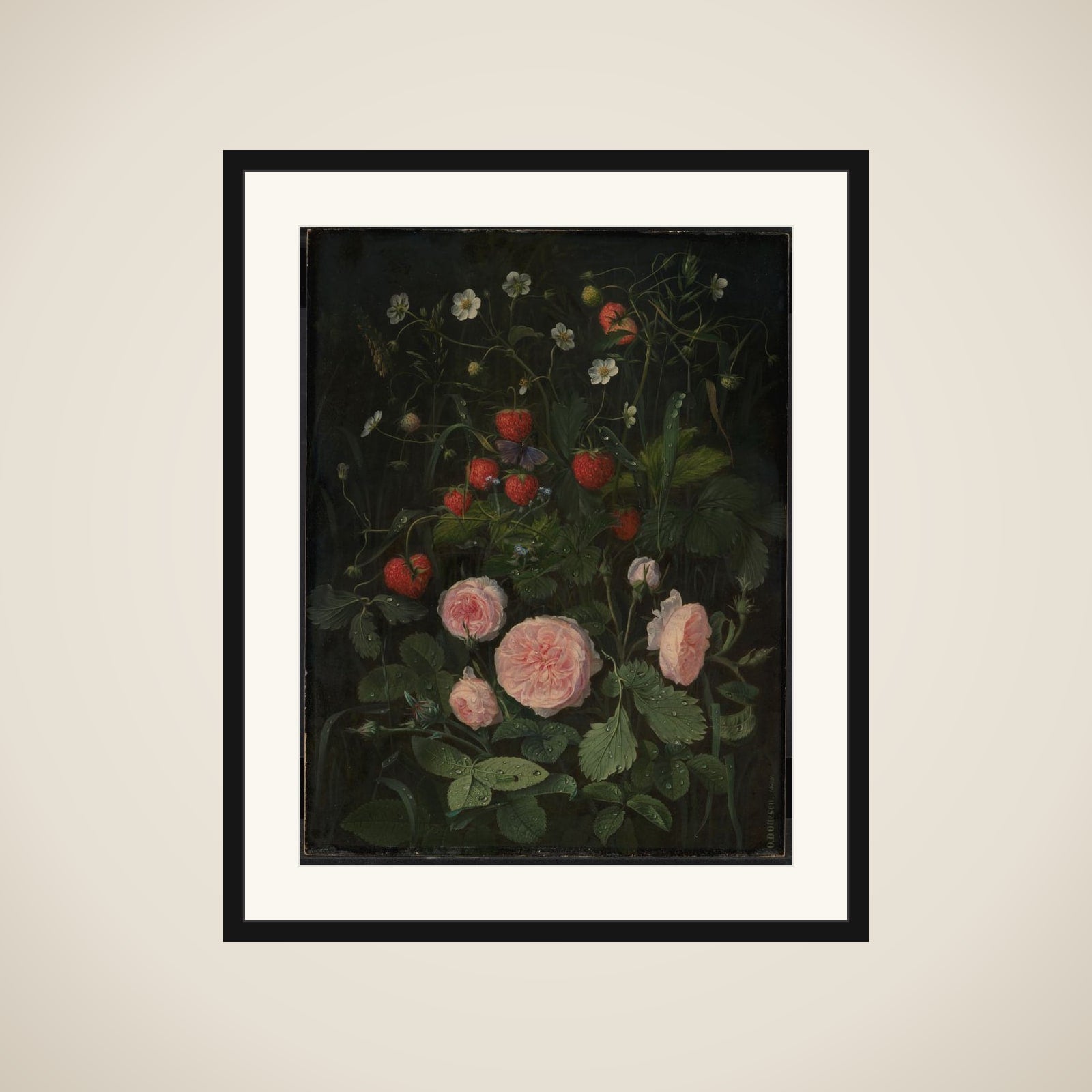Blomsterstykke med roser og jordbær framed