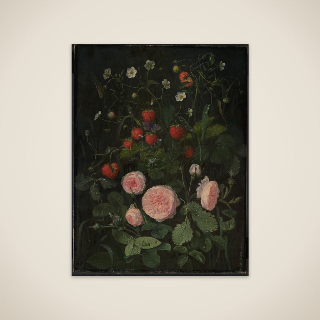 Blomsterstykke med roser og jordbær unframed print