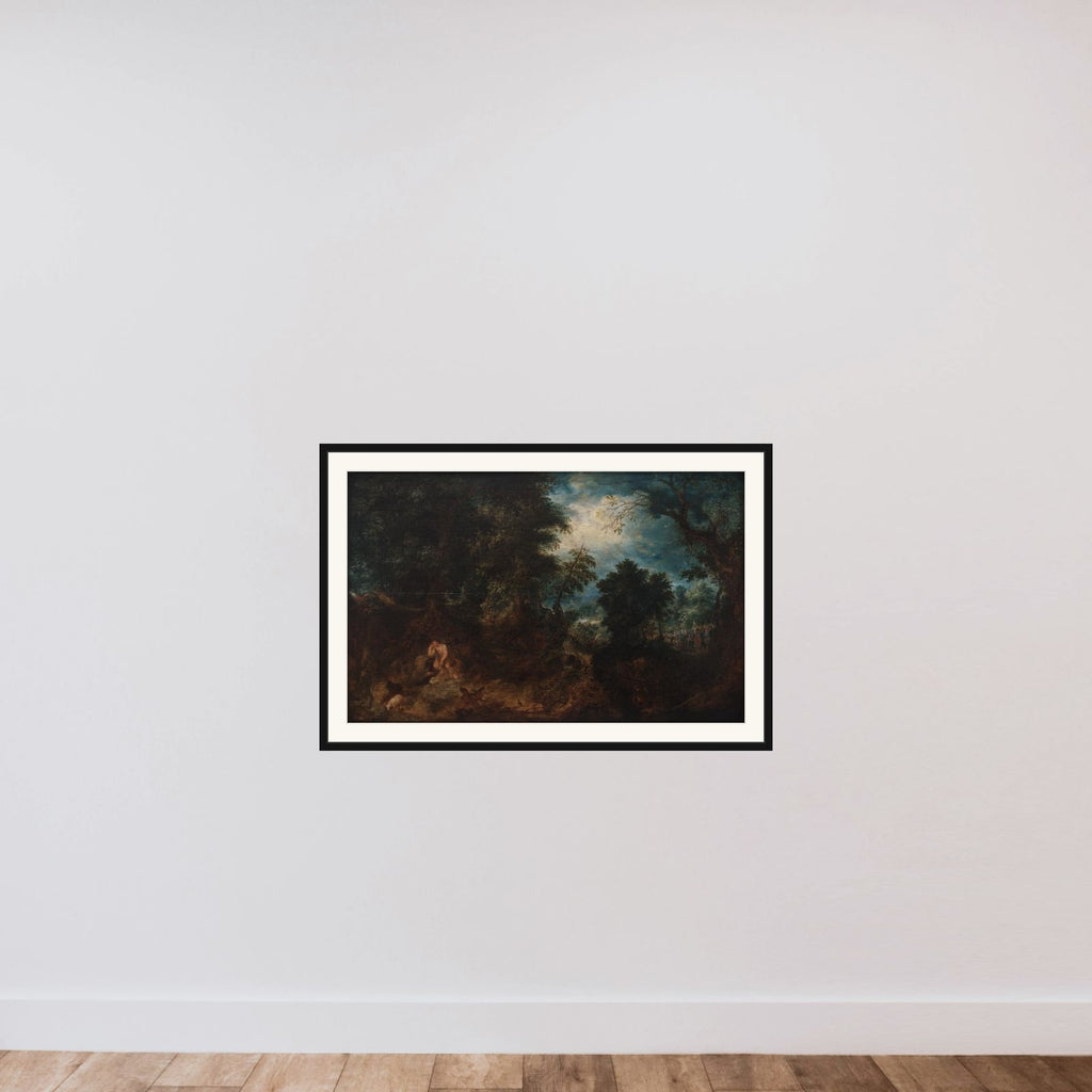 Skovlandskab med Johannes Døberen i ødemarken, Johannes Døberens prædiken og Jesu dåb framed — shown to scale