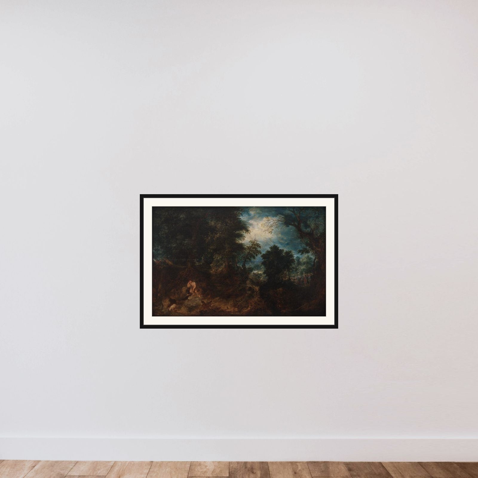 Skovlandskab med Johannes Døberen i ødemarken, Johannes Døberens prædiken og Jesu dåb framed — shown to scale