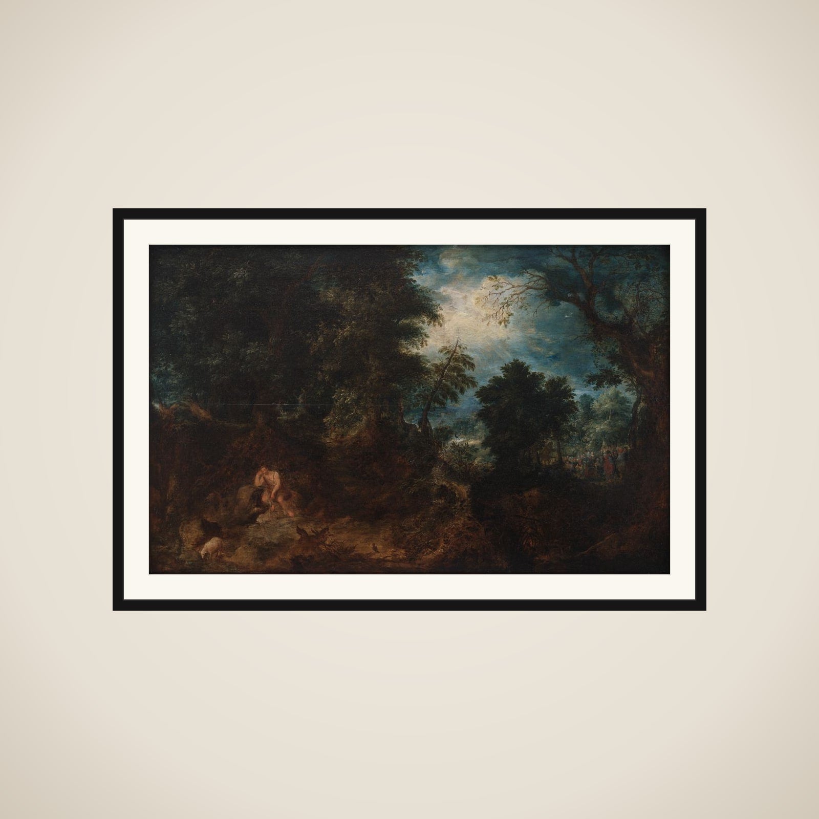 Skovlandskab med Johannes Døberen i ødemarken, Johannes Døberens prædiken og Jesu dåb framed