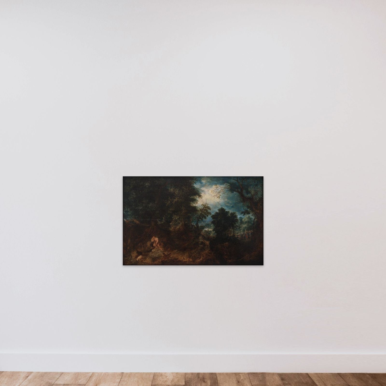 Skovlandskab med Johannes Døberen i ødemarken, Johannes Døberens prædiken og Jesu dåb unframed — shown to scale