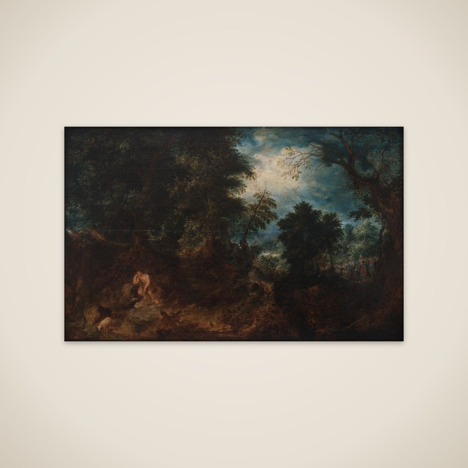 Skovlandskab med Johannes Døberen i ødemarken, Johannes Døberens prædiken og Jesu dåb unframed print