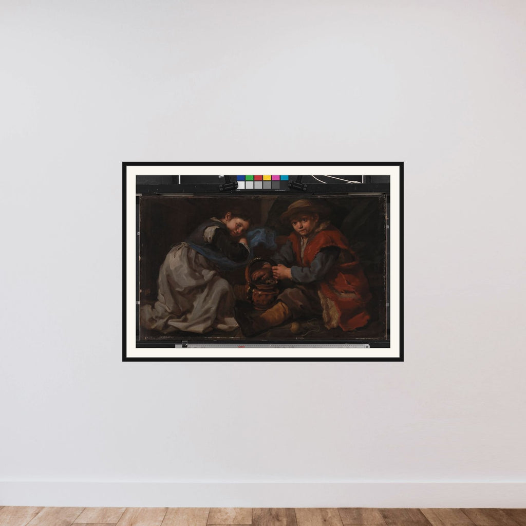 En pige og en dreng, der varmer sig ved et kulbækken framed — shown to scale