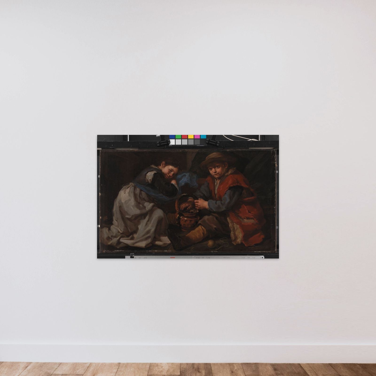 En pige og en dreng, der varmer sig ved et kulbækken unframed — shown to scale