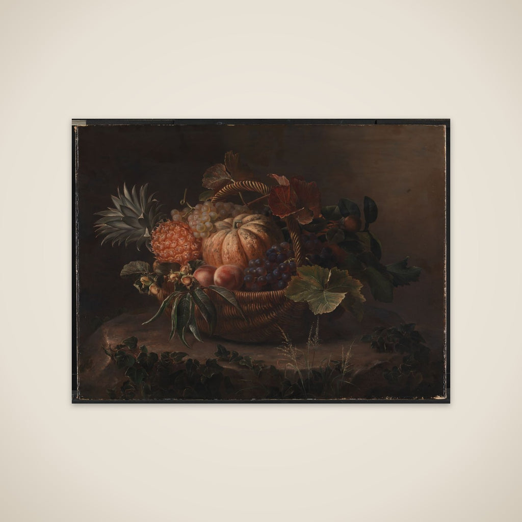 En kurv med frugter på en træstub unframed print
