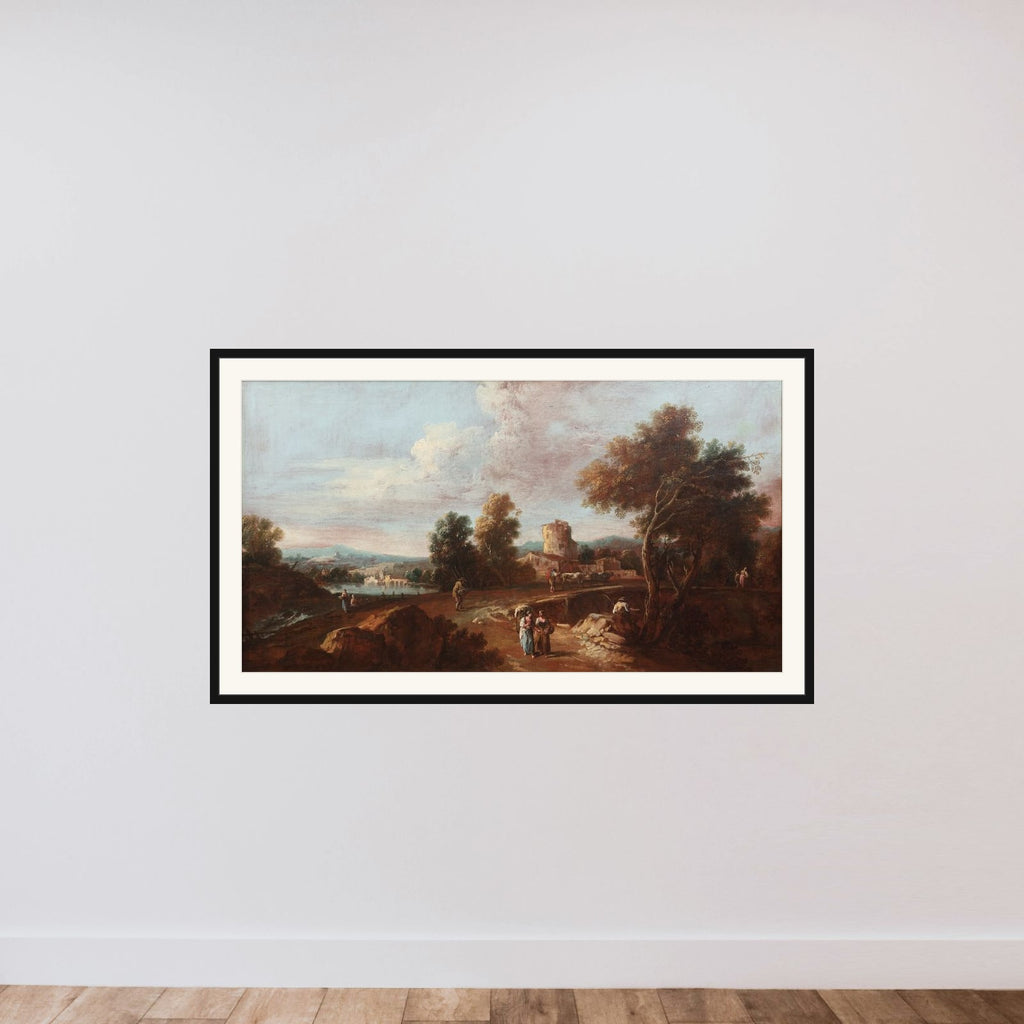 Italiensk landskab med figurer og kvæg framed — shown to scale