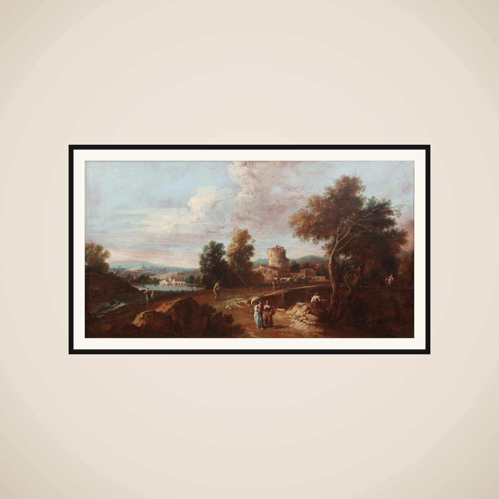 Italiensk landskab med figurer og kvæg framed
