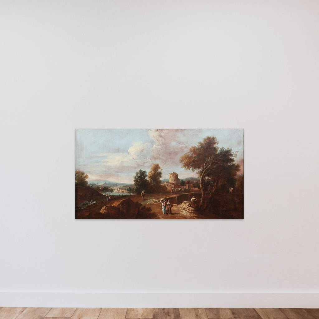 Italiensk landskab med figurer og kvæg unframed — shown to scale