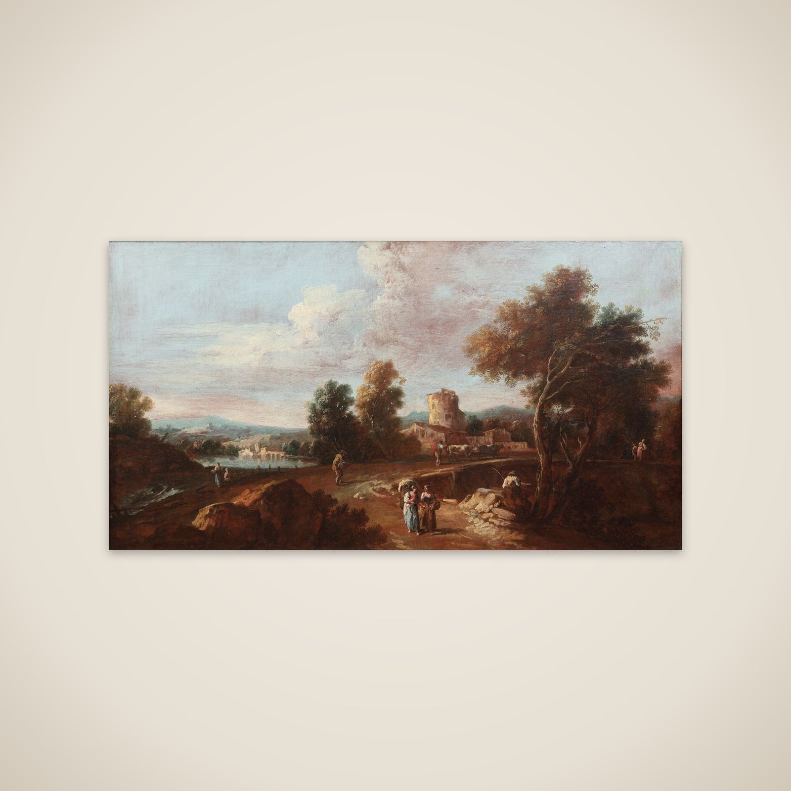 Italiensk landskab med figurer og kvæg unframed print