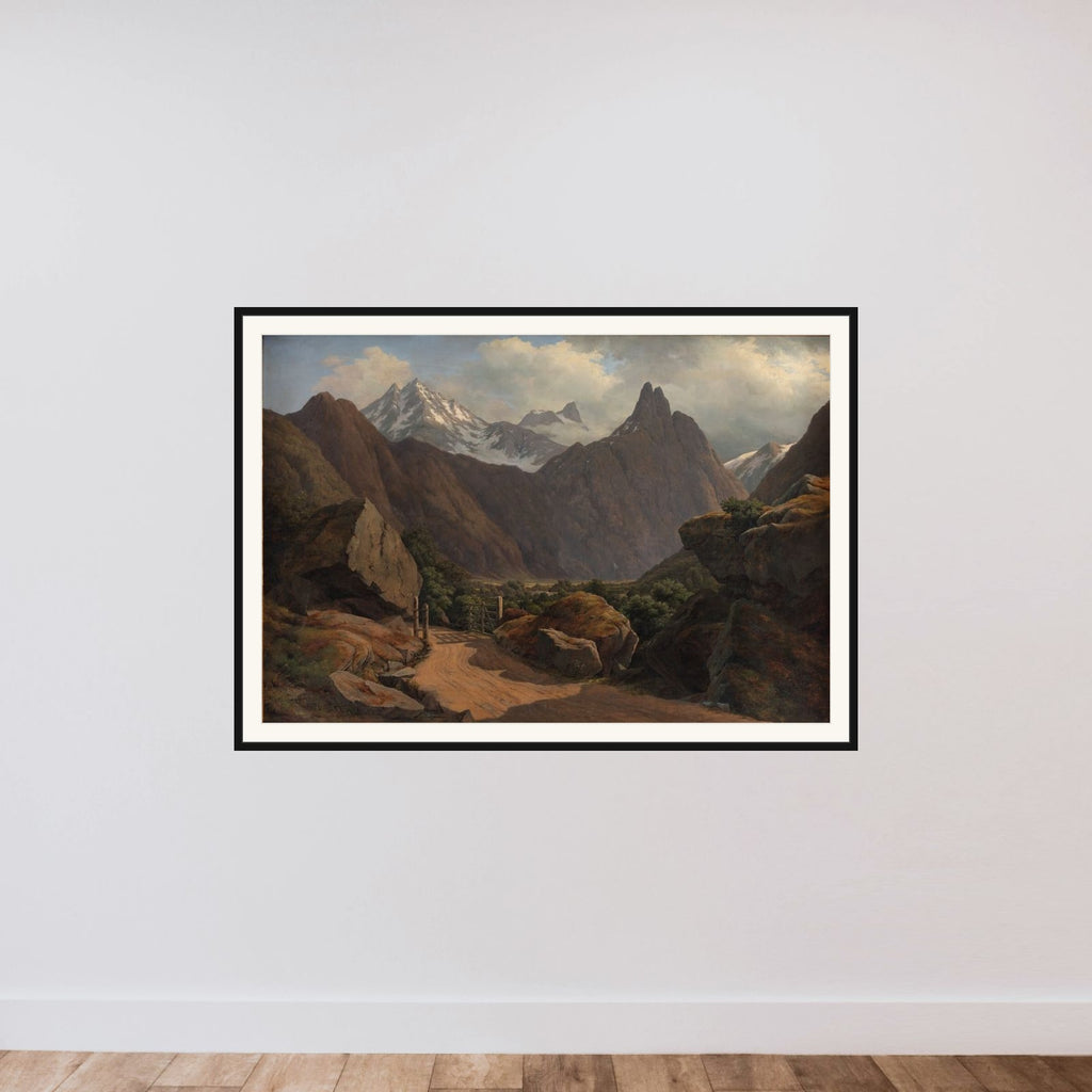 Parti af Romsdalen med Romsdals Horn og Vikingetinderne i Norge framed — shown to scale