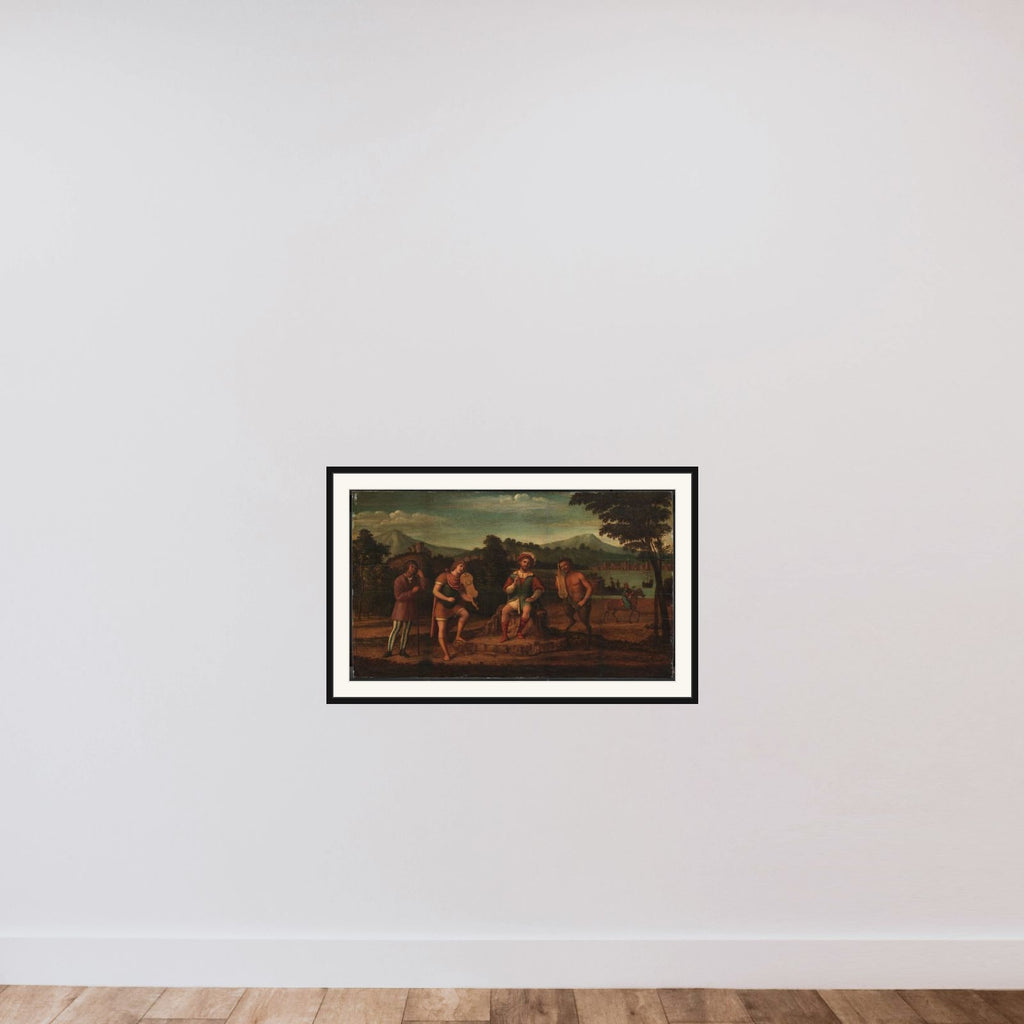Midas' dom ved Apollons og Marsyas' musikalske væddestrid framed — shown to scale