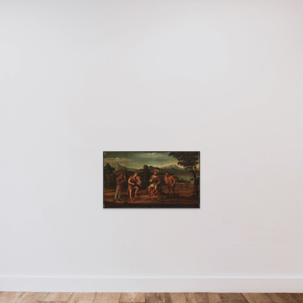 Midas' dom ved Apollons og Marsyas' musikalske væddestrid unframed — shown to scale