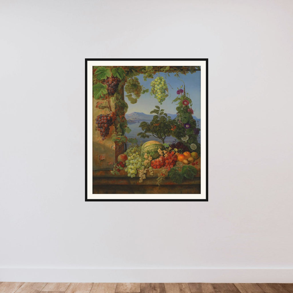 Frugter i et italiensk landskab framed — shown to scale