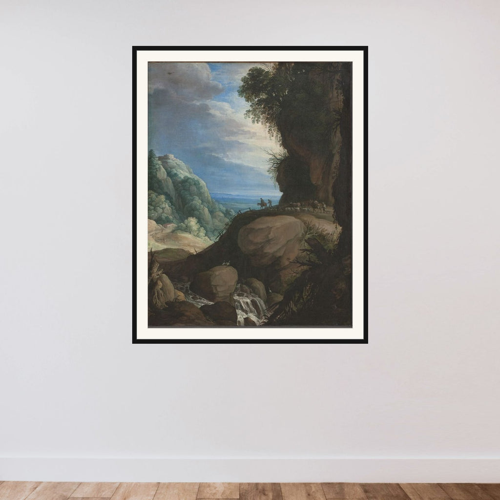 Italiensk bjerglandskab med hyrder framed — shown to scale