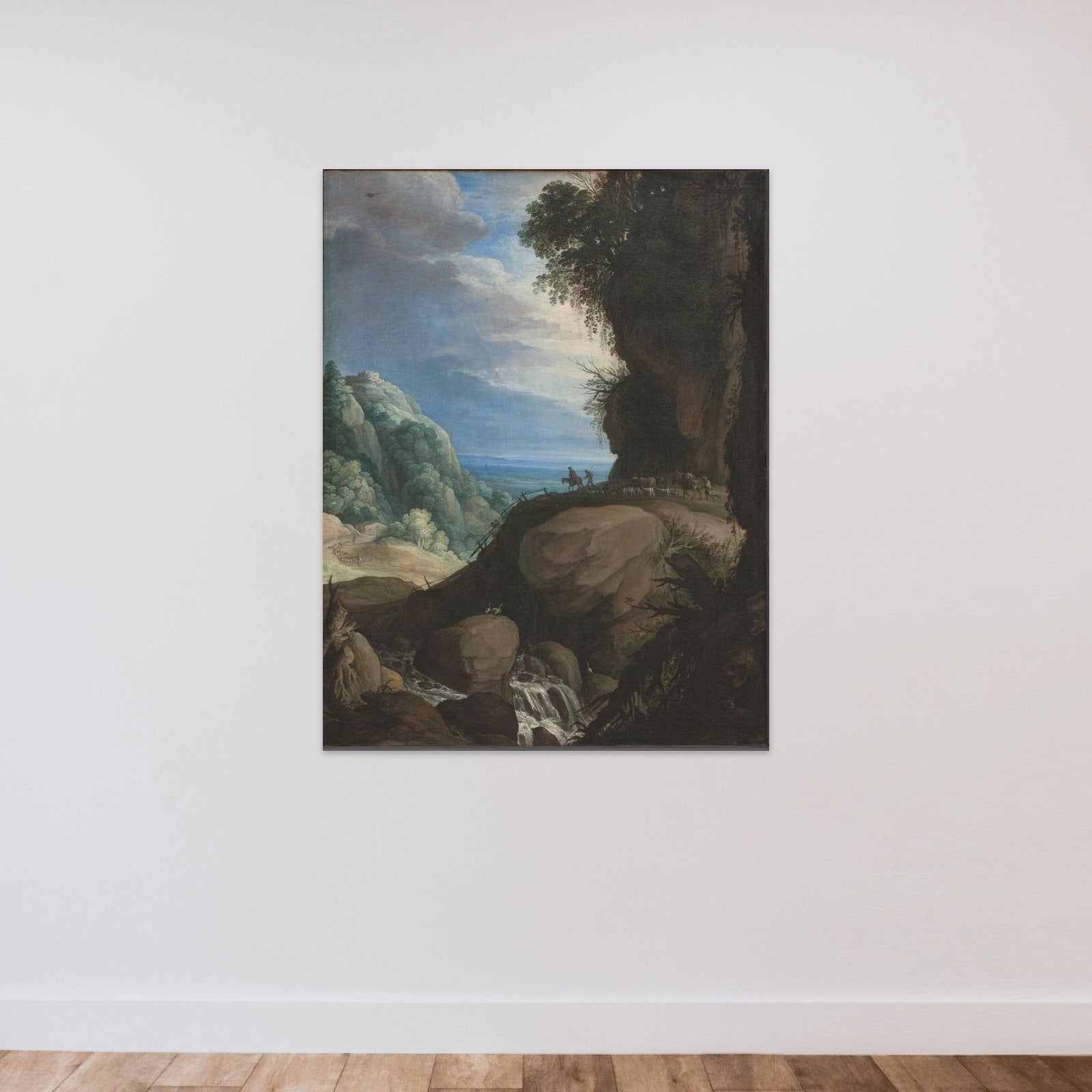 Italiensk bjerglandskab med hyrder unframed — shown to scale