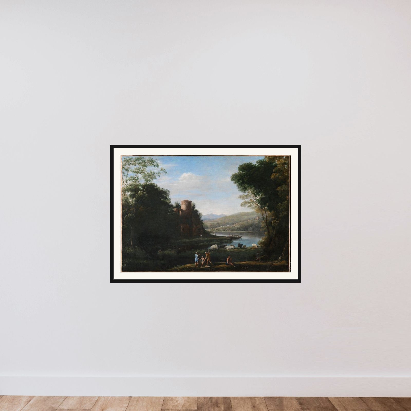 Flodlandskab med hyrder framed — shown to scale