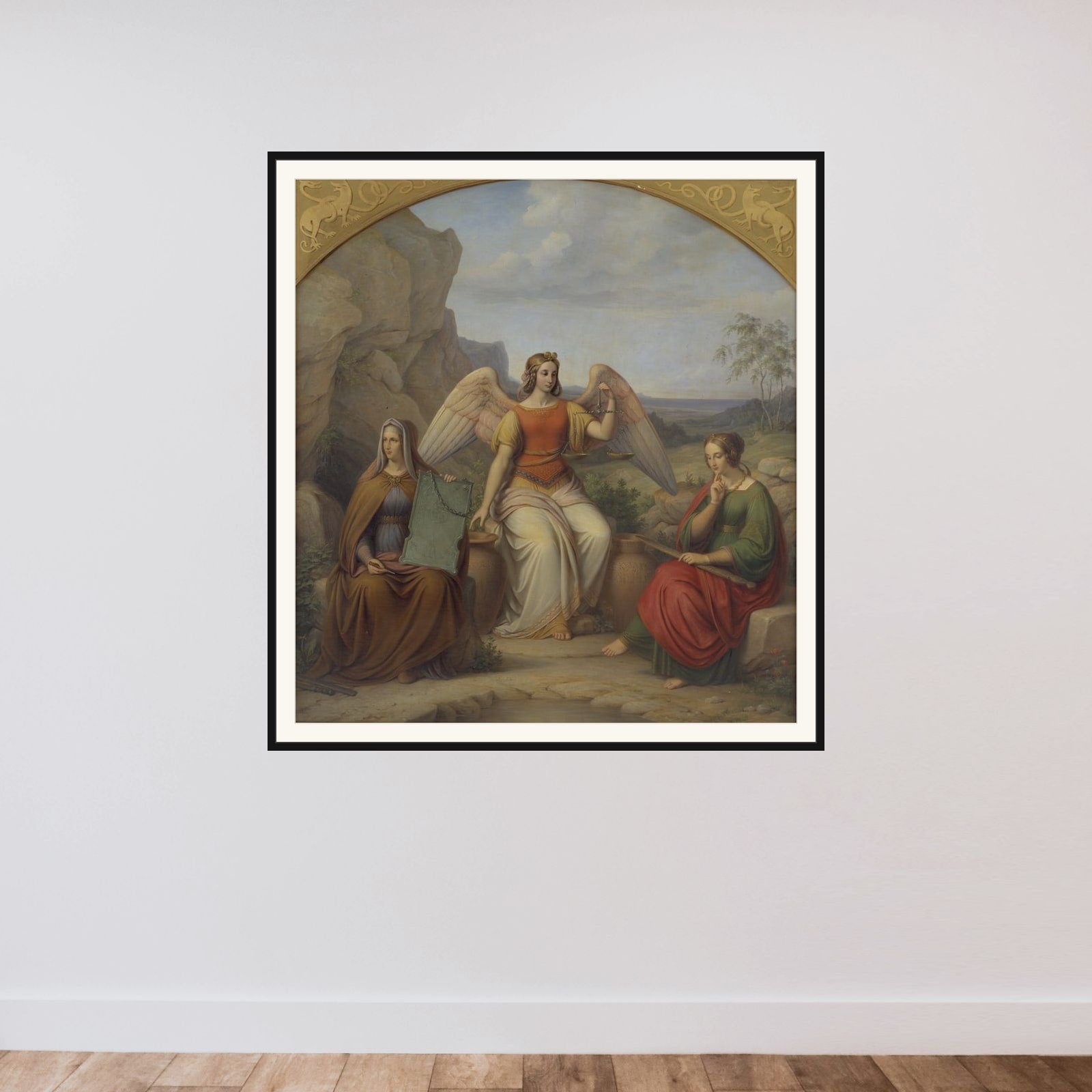 De tre norner framed — shown to scale
