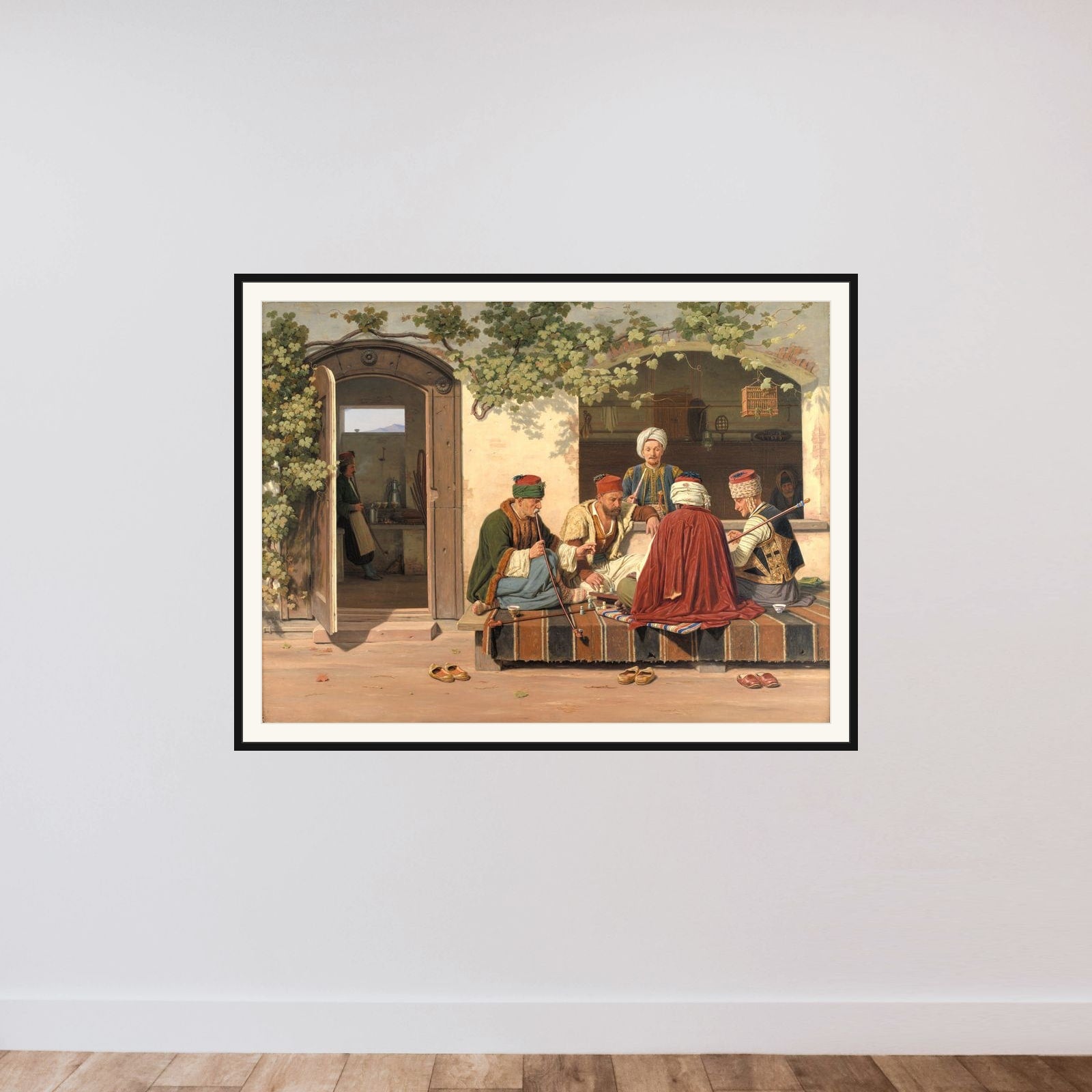 Orientalere ved et parti skak uden for et tyrkisk kaffehus og barberstue framed — shown to scale