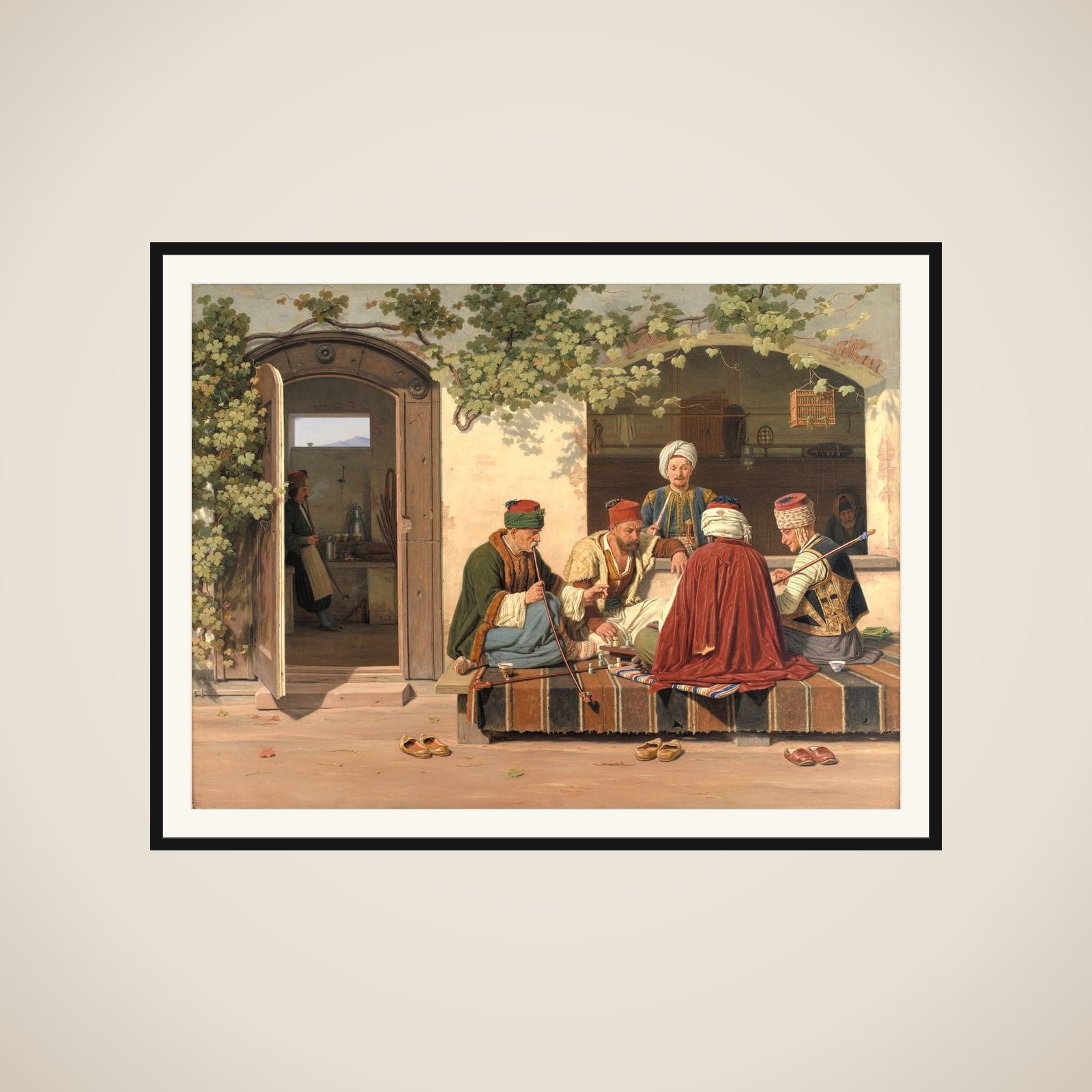 Orientalere ved et parti skak uden for et tyrkisk kaffehus og barberstue framed
