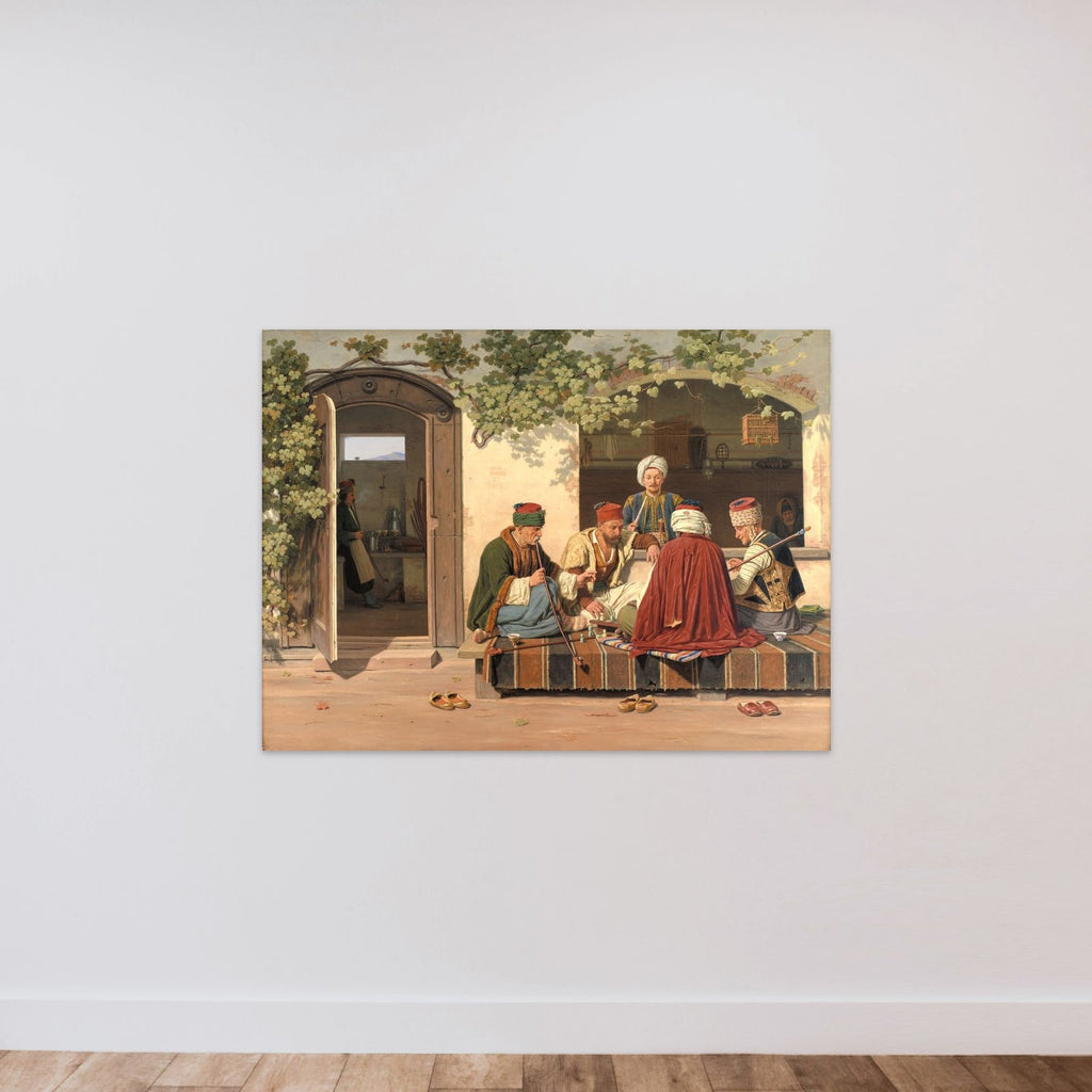 Orientalere ved et parti skak uden for et tyrkisk kaffehus og barberstue unframed — shown to scale