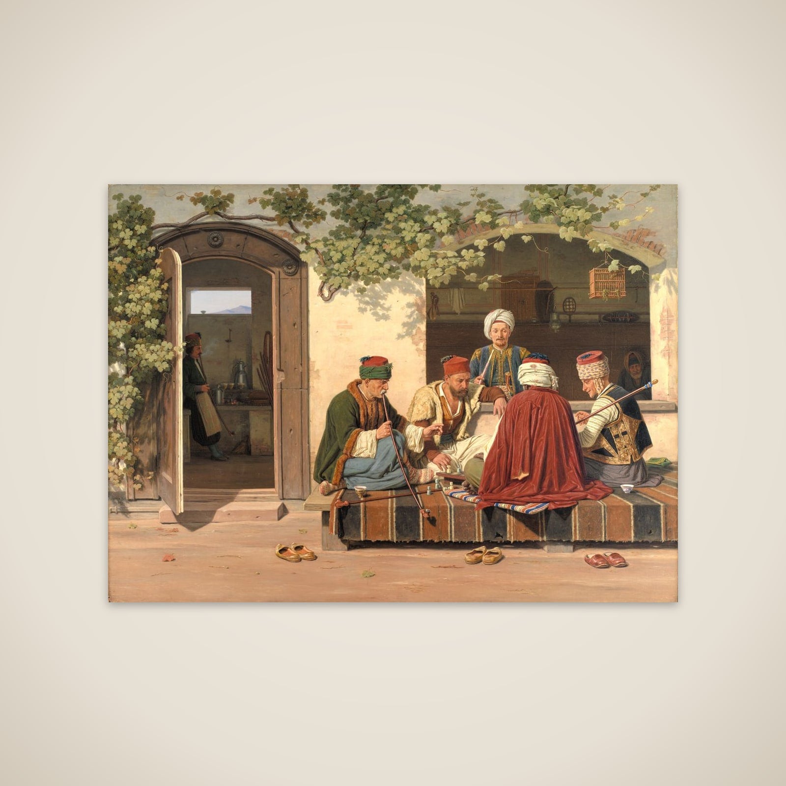 Orientalere ved et parti skak uden for et tyrkisk kaffehus og barberstue unframed print