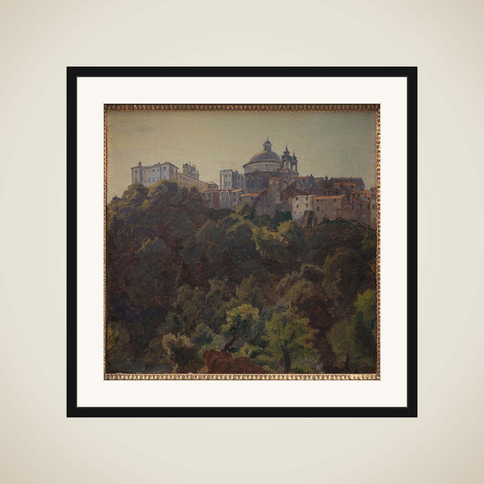 Udsigt mod Ariccia med Palazzo Chigi og S. Maria dell'Assunzione, Italien framed