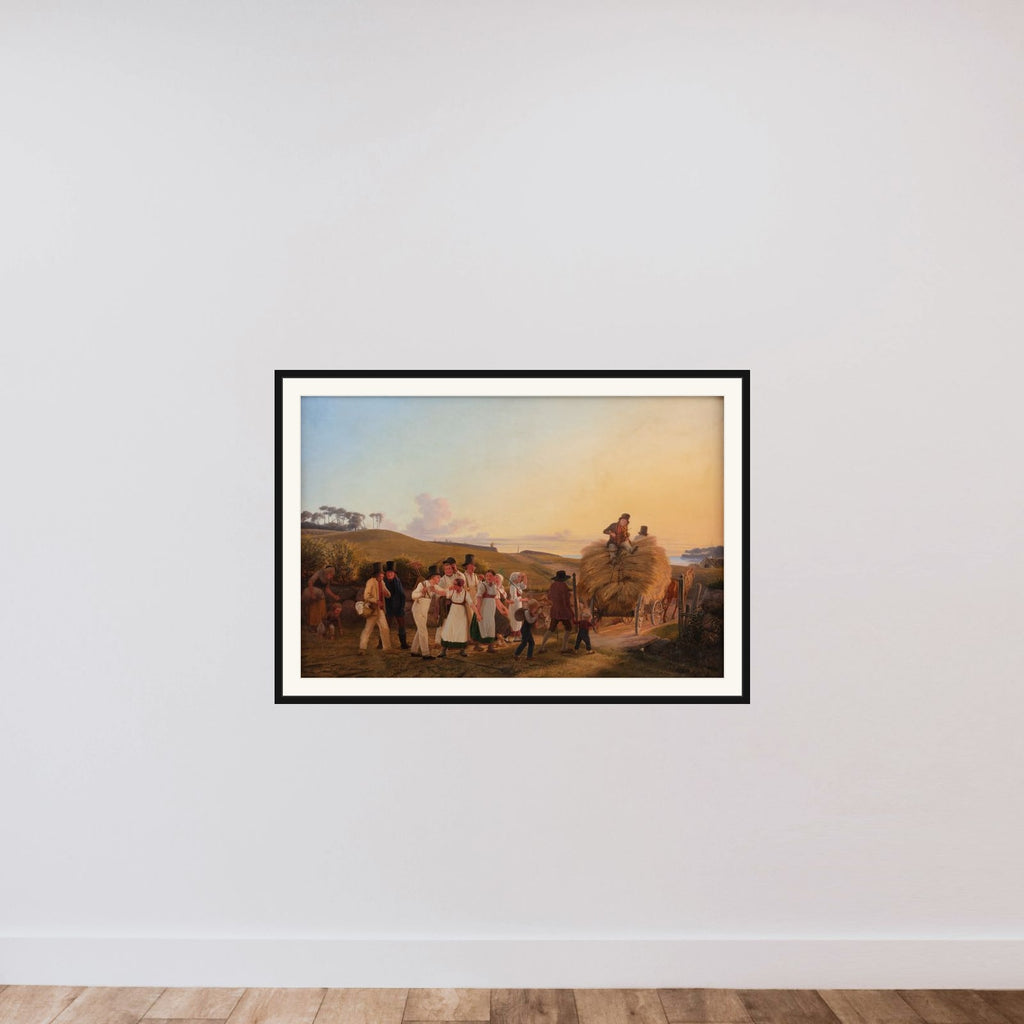 Bønder vender hjem fra marken med det sidste læs korn framed — shown to scale