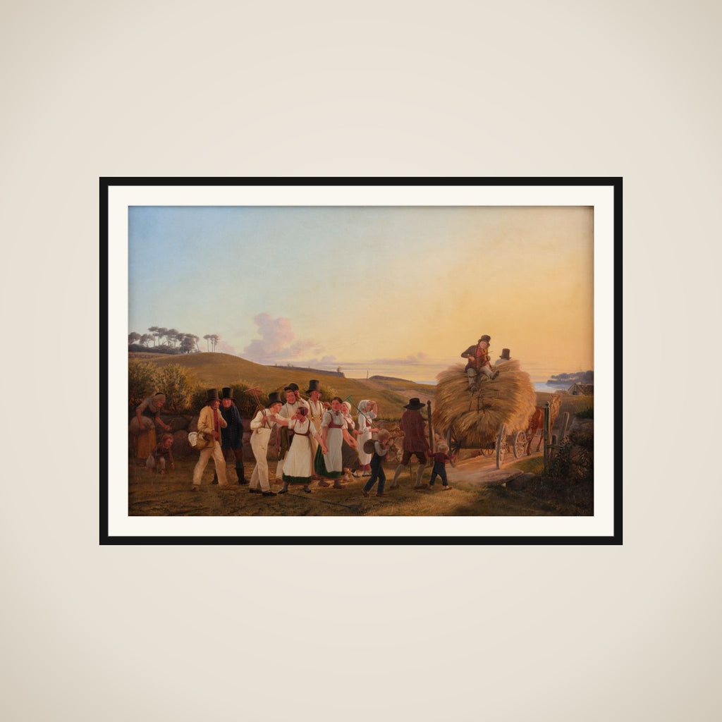Bønder vender hjem fra marken med det sidste læs korn framed