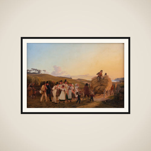 Bønder vender hjem fra marken med det sidste læs korn framed
