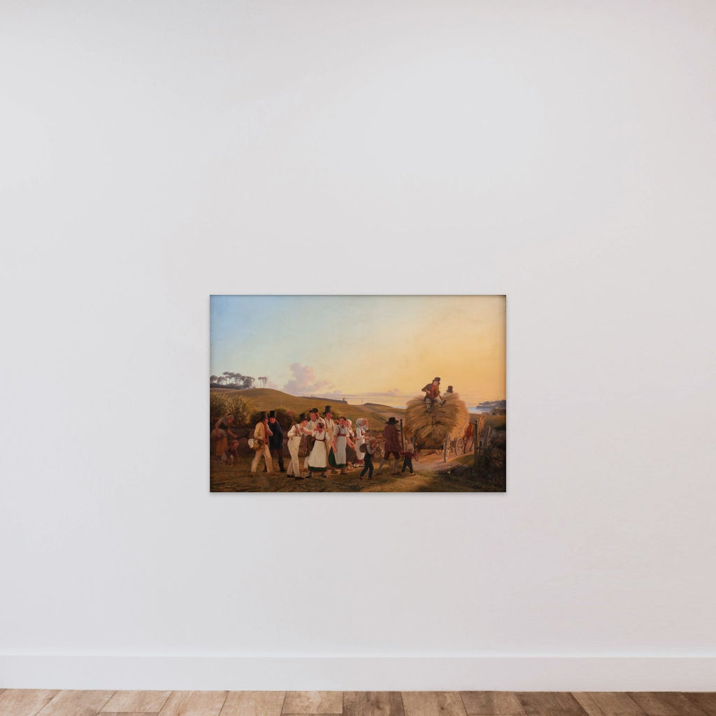 Bønder vender hjem fra marken med det sidste læs korn unframed — shown to scale