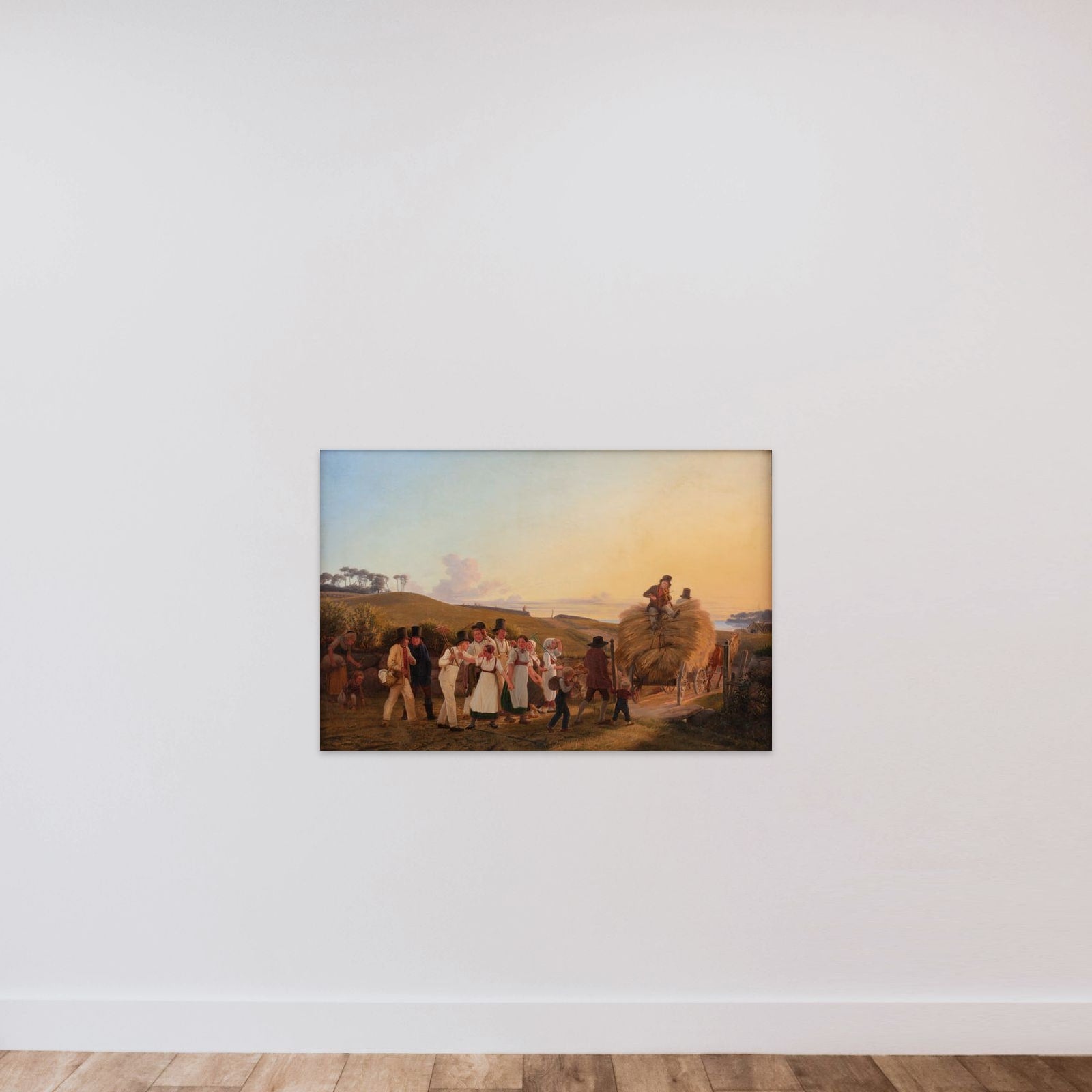 Bønder vender hjem fra marken med det sidste læs korn unframed — shown to scale