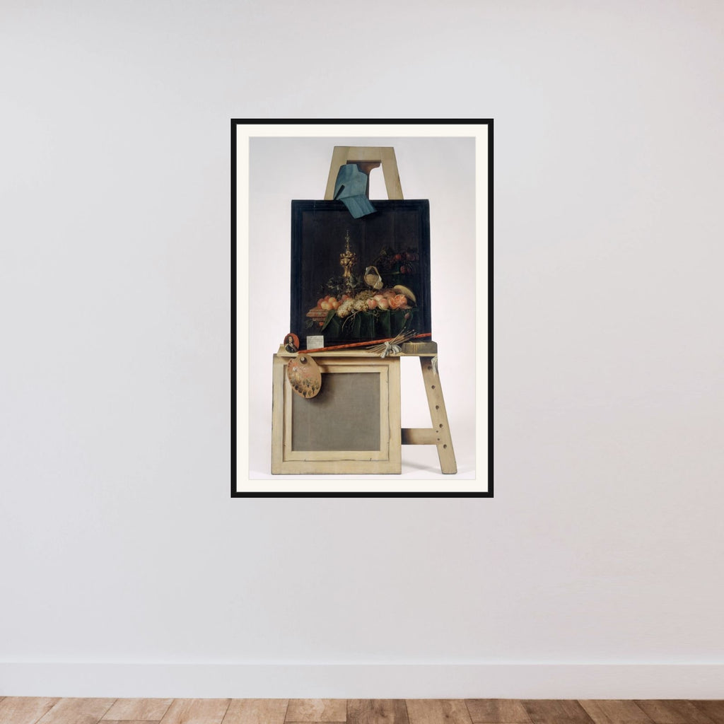 Trompe l'oeil-staffeli med frugtstykke. Udskåret i træ framed — shown to scale