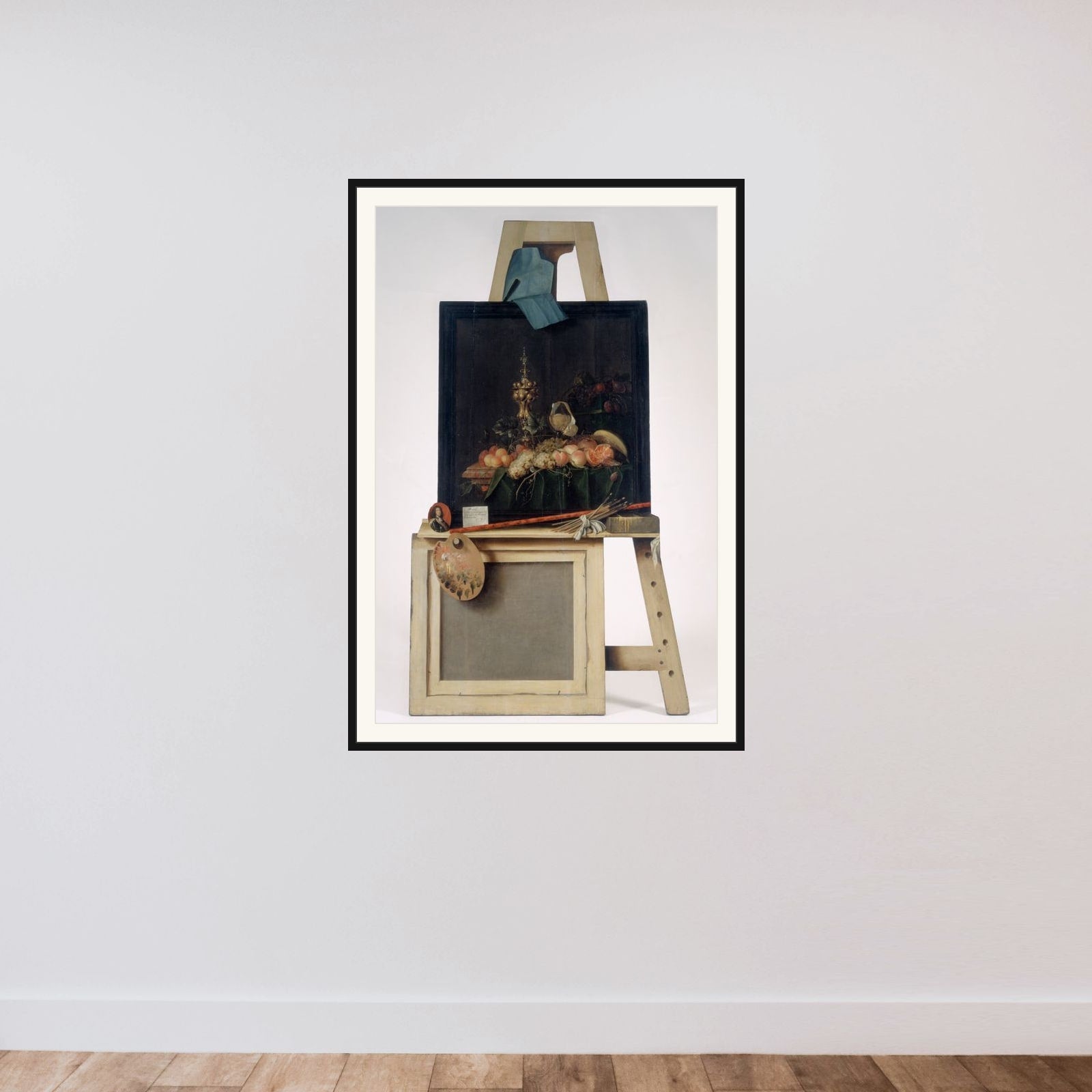 Trompe l'oeil-staffeli med frugtstykke. Udskåret i træ framed — shown to scale