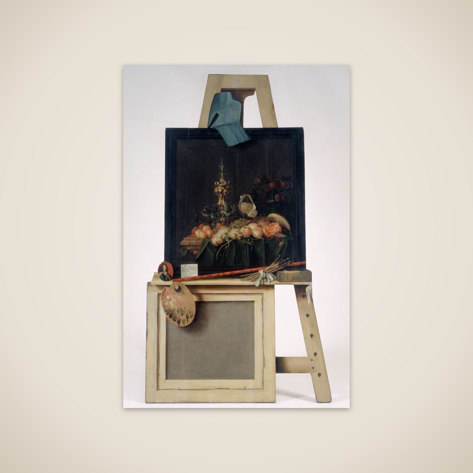 Trompe l'oeil-staffeli med frugtstykke. Udskåret i træ unframed print
