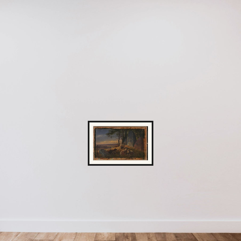 Aftenlandskab med får på en kæmpehøj framed — shown to scale