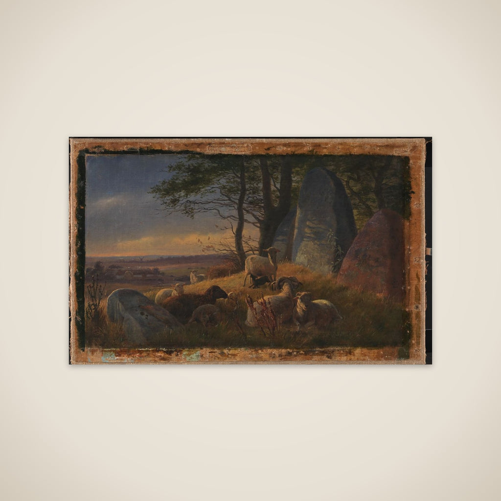 Aftenlandskab med får på en kæmpehøj unframed print