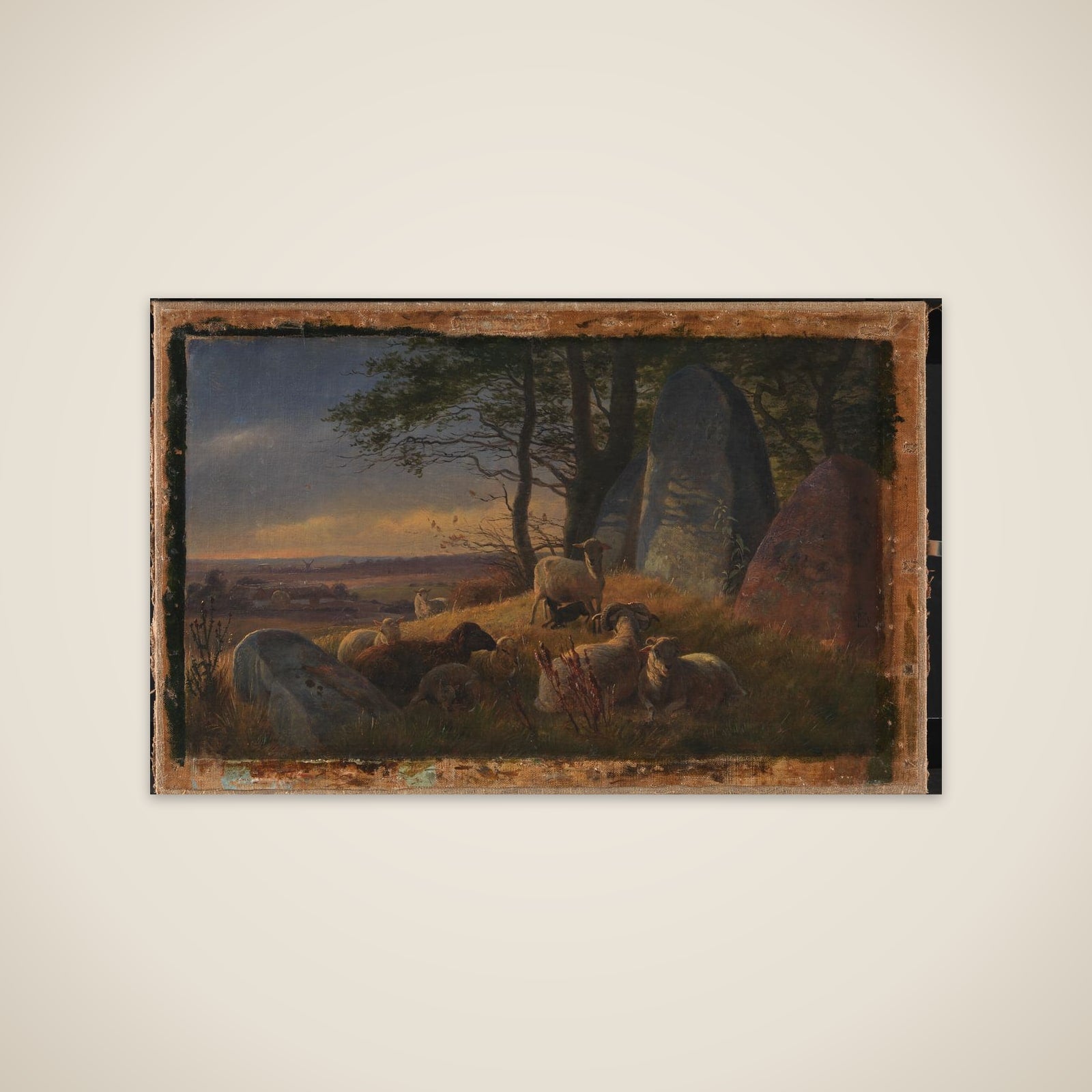 Aftenlandskab med får på en kæmpehøj unframed print