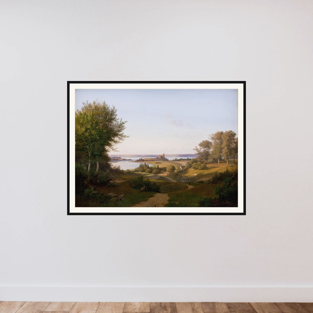 Parti ved Skanderborg med udsigt mod slotsbanken med mindestøtten for Frederik VI framed — shown to scale