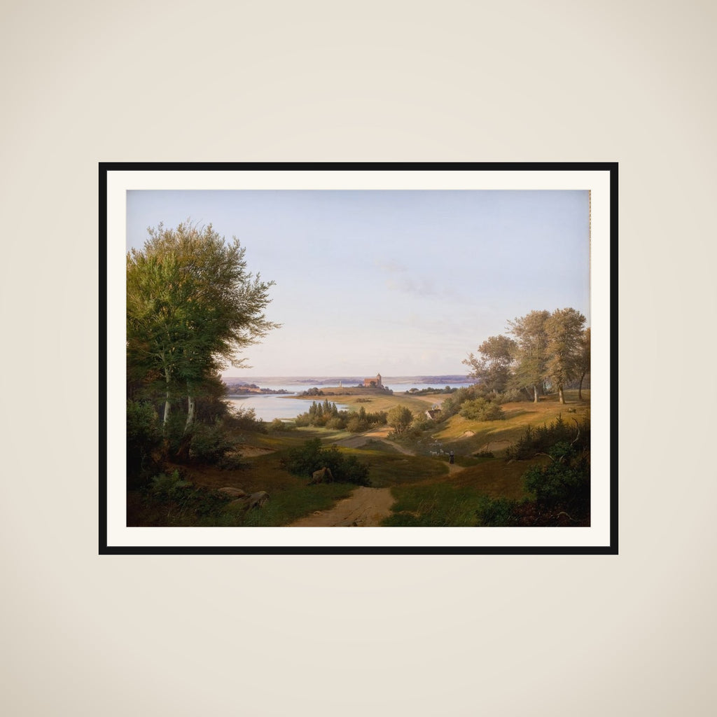 Parti ved Skanderborg med udsigt mod slotsbanken med mindestøtten for Frederik VI framed