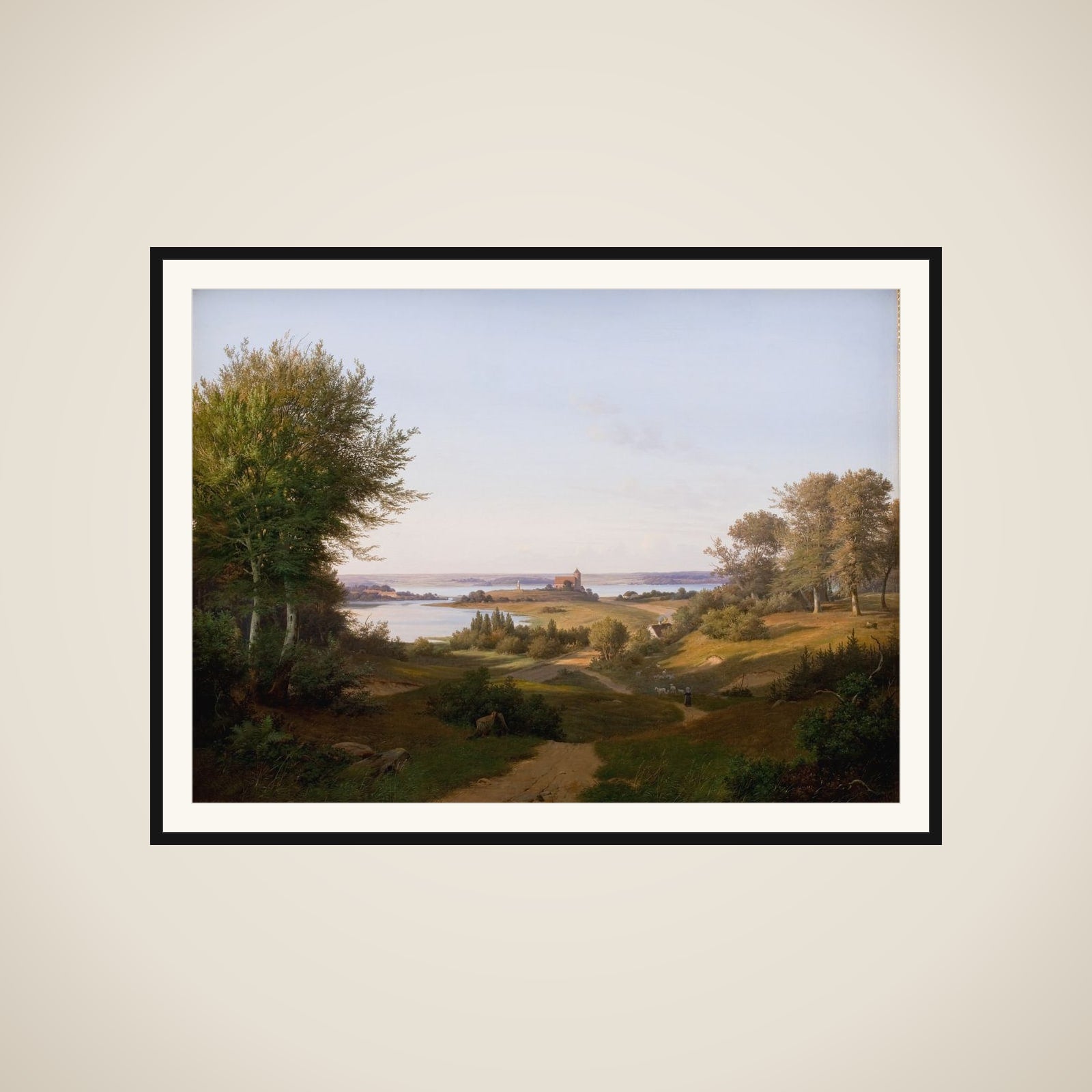 Parti ved Skanderborg med udsigt mod slotsbanken med mindestøtten for Frederik VI framed