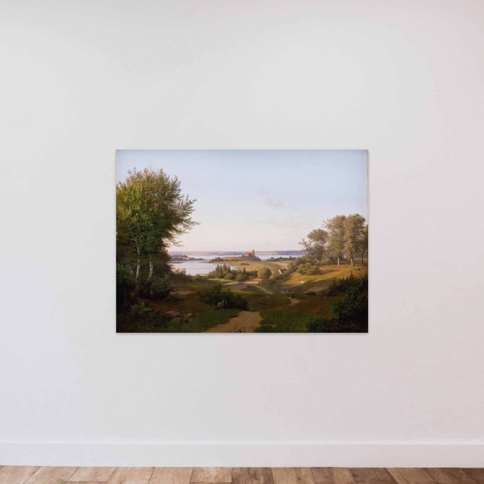 Parti ved Skanderborg med udsigt mod slotsbanken med mindestøtten for Frederik VI unframed — shown to scale