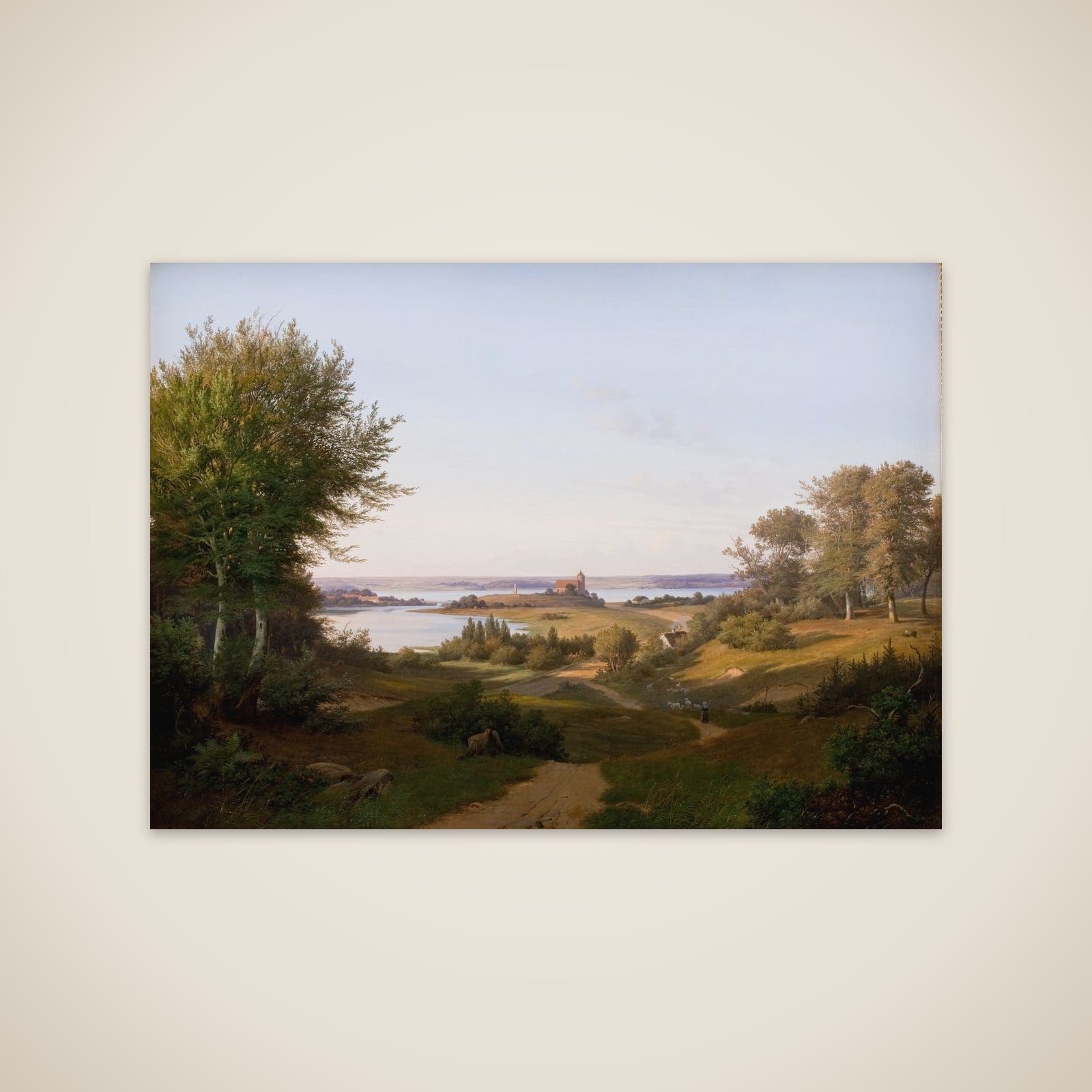 Parti ved Skanderborg med udsigt mod slotsbanken med mindestøtten for Frederik VI unframed print